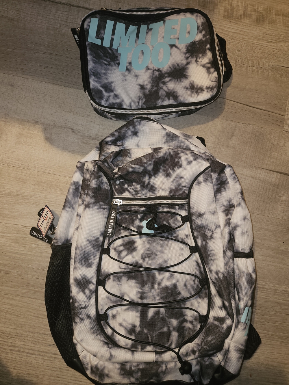LIMITED TOO Tie-Dye Backpack & Lunch Bag Set - Black & White with Aqua Logo